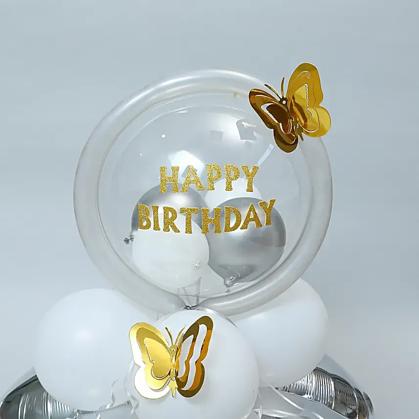 White and Silver Birthday Balloon Arrangement
