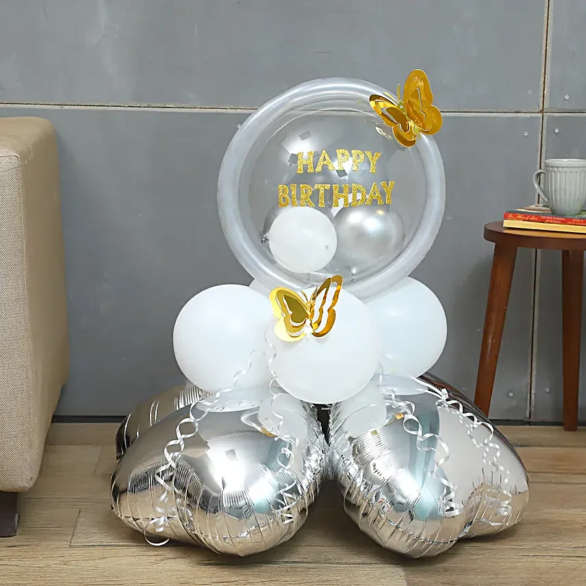 White and Silver Birthday Balloon Arrangement