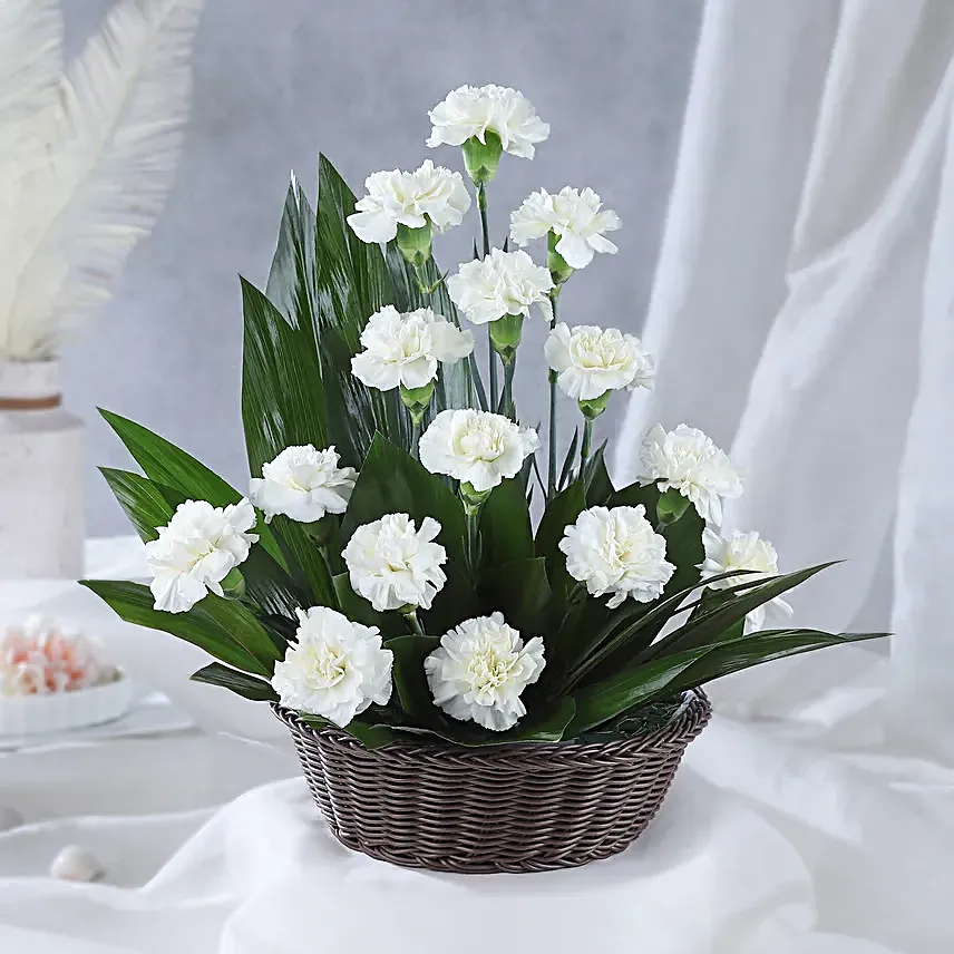 Online White Carnations Cane Basket