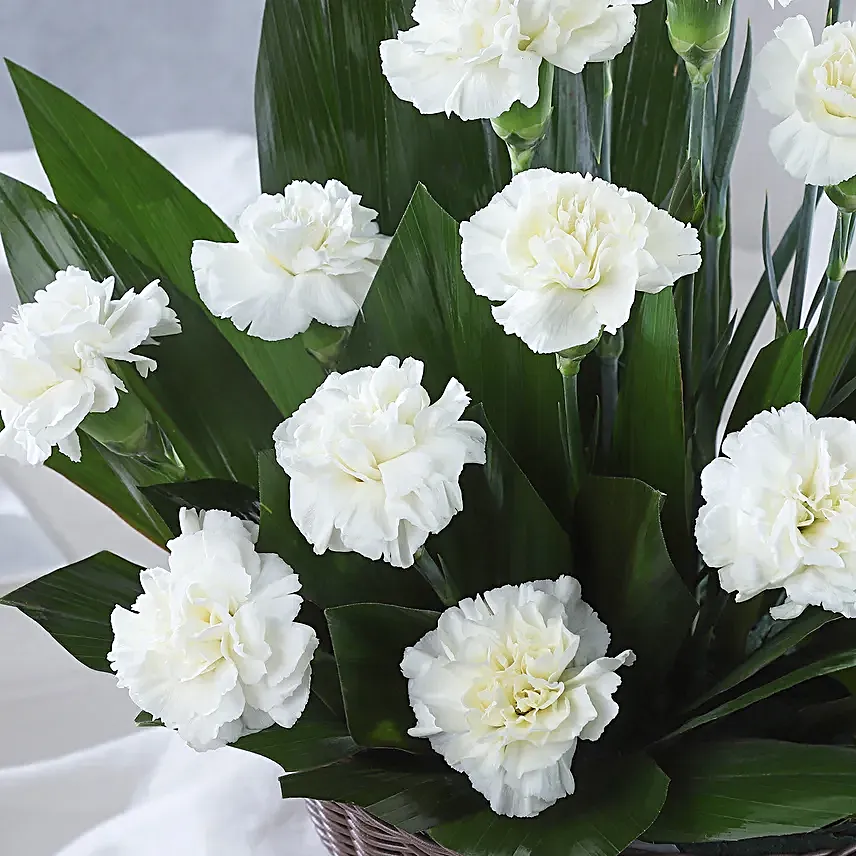 Online White Carnations Cane Basket