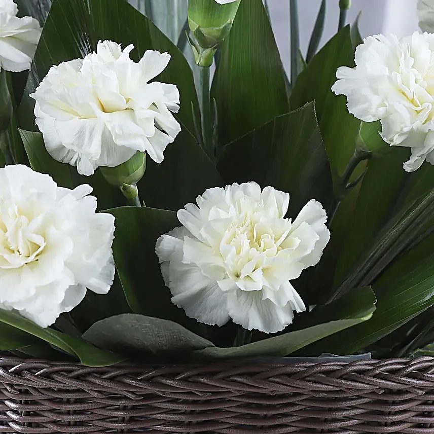 Online White Carnations Cane Basket