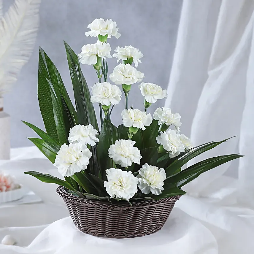 Online White Carnations Cane Basket