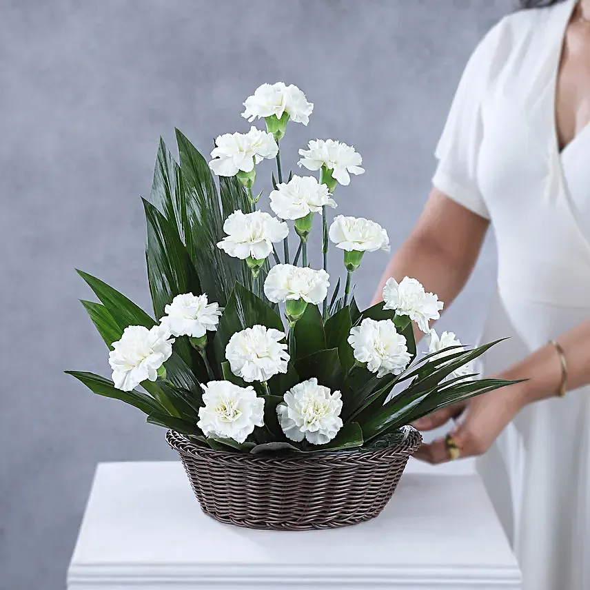 Online White Carnations Cane Basket