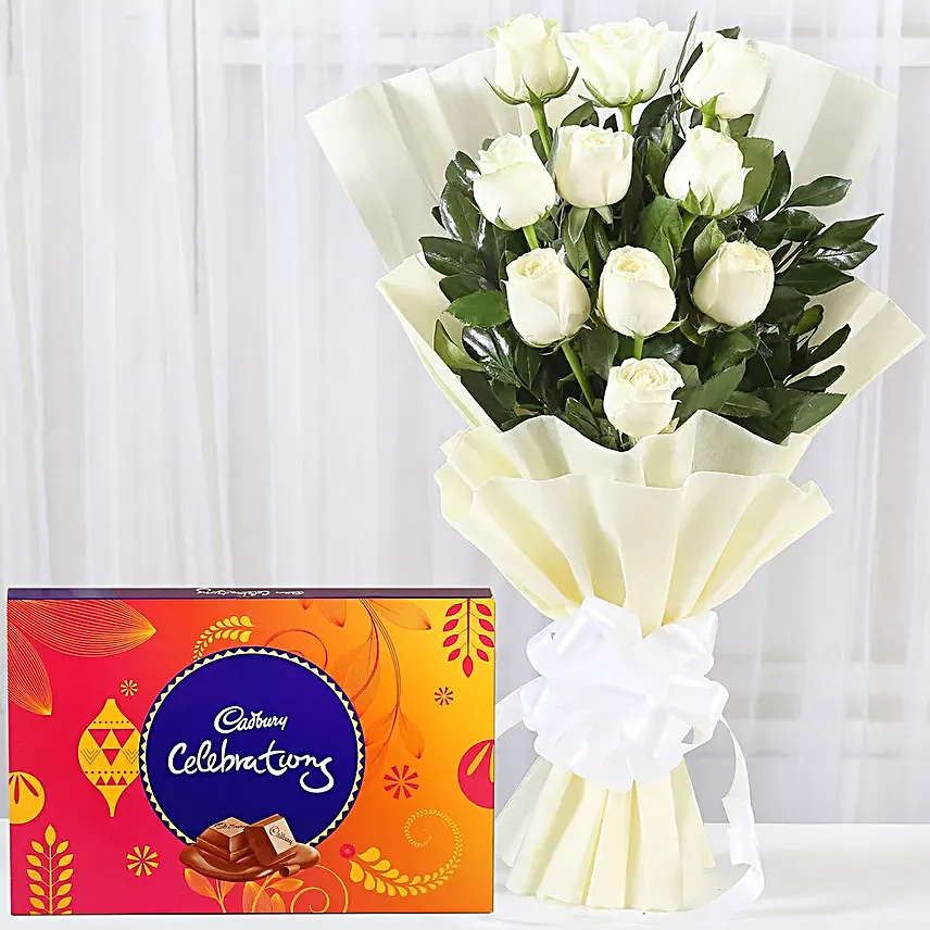 White Roses Bunch & Chocolates