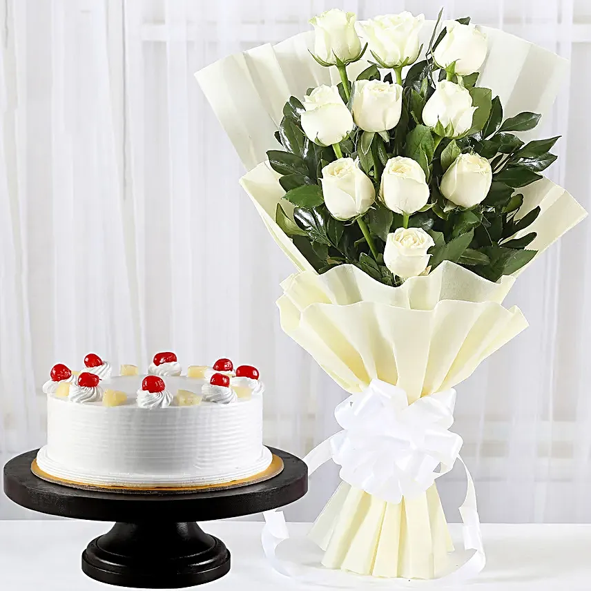 White Roses Bunch & Pineapple Cake