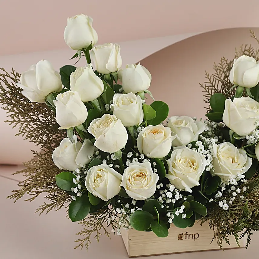 White Roses - Bunch of 20 Long Stem fresh White roses in a glass Vase.