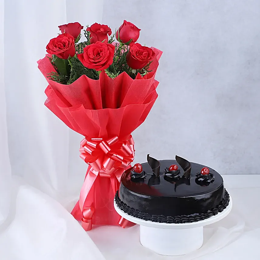 Will You Be Mine - Bunch of 6 Red Roses with Chocolate Cake 500gm.