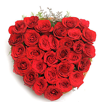 Blooming Love - Heart shape arrangement of 30 red roses in a basket.:Heart Shaped Flowers