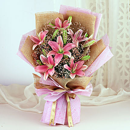 Captivating Asiatic Lilies - Bunch of 6 pink asiatic lilies in 2 layer paper packing.