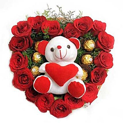 Love Combo - Heart shape arrangement of 17 Red Roses, 16 Pieces ferrero rocher & Soft toy with green fillers.