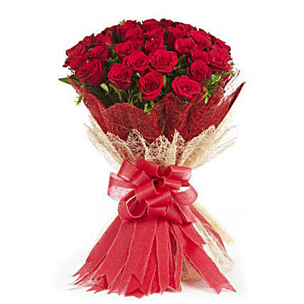 Passion love - Bunch of 50 Red roses in dual colour jute packing.