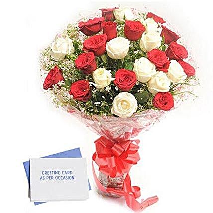 Red N White Roses - Bunch of 30 Red and  Roses & greeting card.:Flower Bouquet and Card Delivery