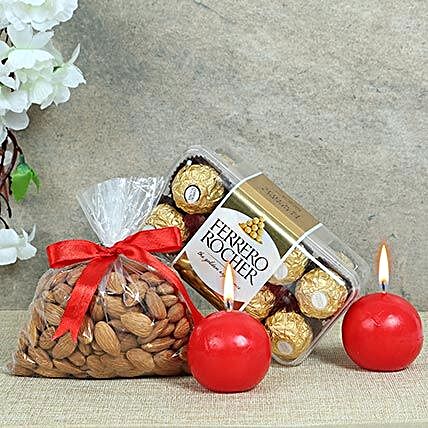 Christmas hamper including Ferrero Rocher Chocolates, Almonds, Red Ball Candles