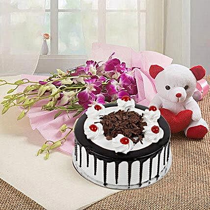 You are Always Special - Bunch of 6 purple Orchids with 500gm blackforest cake and a cute:Cake and Teddy Bear Delivery