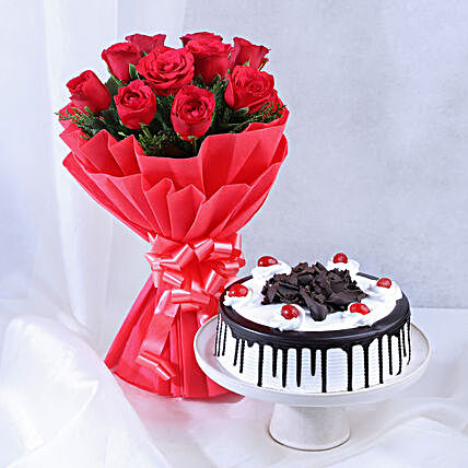 Black Forest & Flowers - Bouquet of 10 beautiful and 500 grams of black forest gifts:Birthday Combos