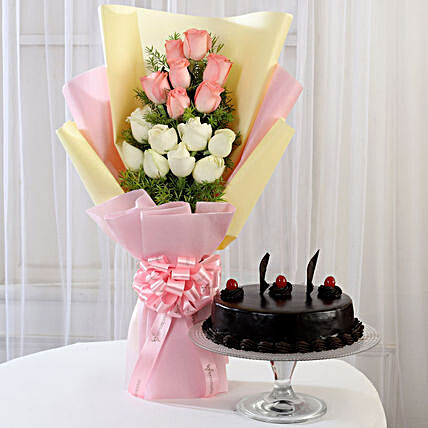 Pink and White Roses with Truffle Cake Online
