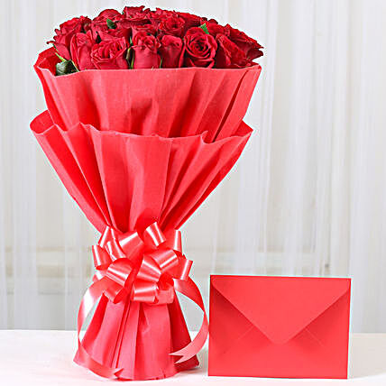 Red Roses N Greeting card - Bunch of 25 Red Roses with greeting card. gifts:Flower Bouquet and Card Delivery