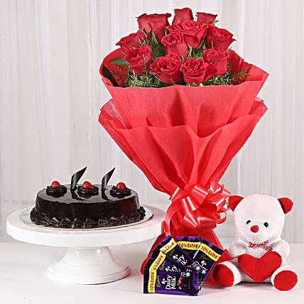 Flower Hamper - Bunch of 12 Red Roses with 5 cadbury , Soft toy and 500gm gifts .:Gifts Delivery In Yelahanka