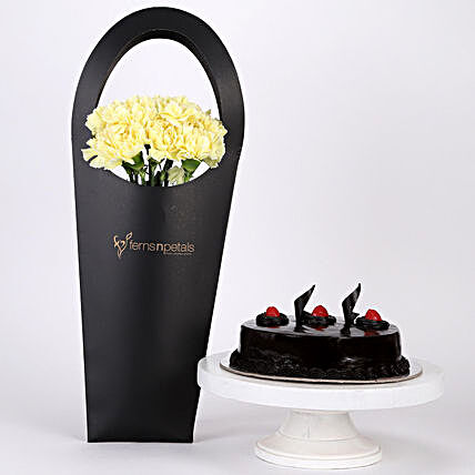 Yellow Carnations and Truffle Cake Combo Online