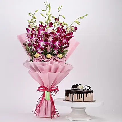 Online chocolate Cake and Ferrero Orchids Bouquet