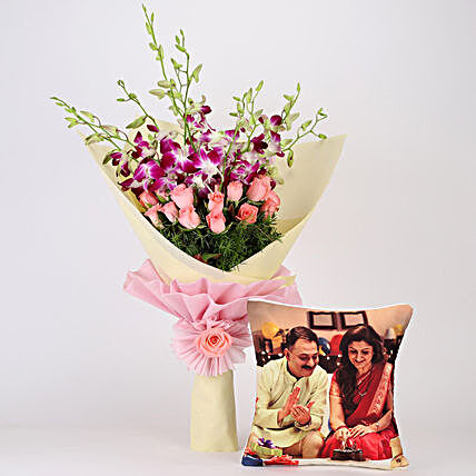 Orchids and Roses with Cushion Online:Flowers N Personalised Gifts