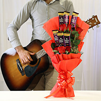 Online Chocolate Bouqet with Romantic Tunes Combo:Flowers & Guitarist Service