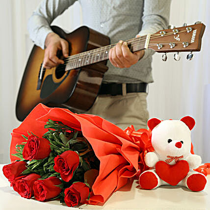 Online Red Roses And Teddy With Romantic Tunes Combo:Flowers & Guitarist Service