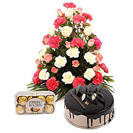 Bright Hues Hamper - Basket arrangement of 40 mix colour flowers, 200gms ferrero rocher and half kg chocolate cake.:Cakes and Chocolates