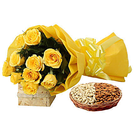 Combo of yellow roses bouquet and cashew nuts:Flower N Dry Fruit