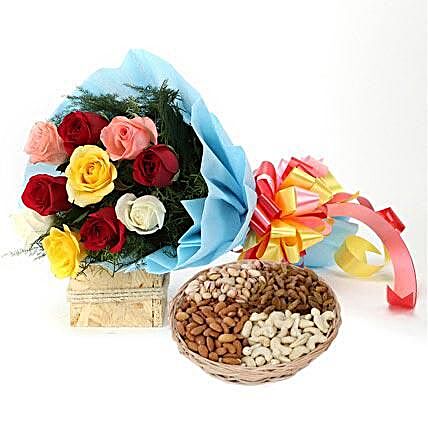 Combo of multi colored roses bouquet and dry fruits