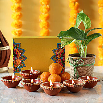plant and sweet with diya for diwali festival