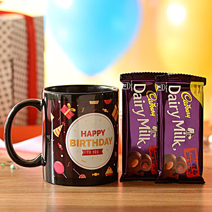printed wishes mug with dairy milk online:Birthday Chocolates