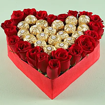 Chocolate and Rose Arrangement Online:Heart Shaped Flower Arrangements