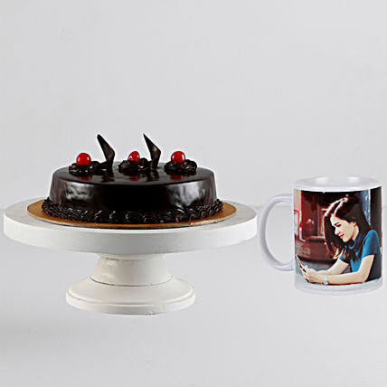 Online chocolate cake with personalised white mug:Cakes N Personalised Gifts
