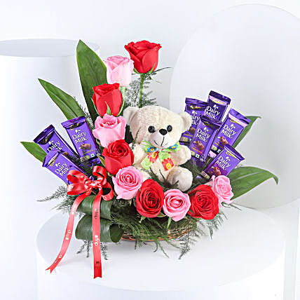 Romantic Mixed Roses Chocolate Surprise:Flower N Teddy