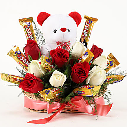 10 Roses With Teddy & Choco Basket Arrangement