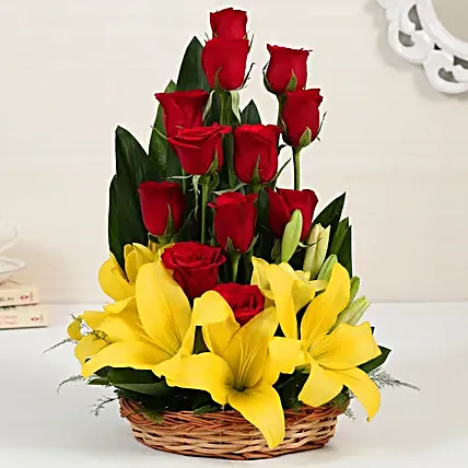 Asiatic Lilies And Red Roses Online:Flower Basket