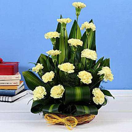 Yellow Carnations Cane Basket Online:Get Well Soon Flowers