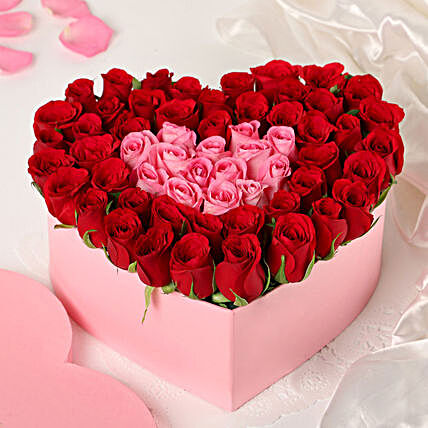 pink n red roses heart box arrangement