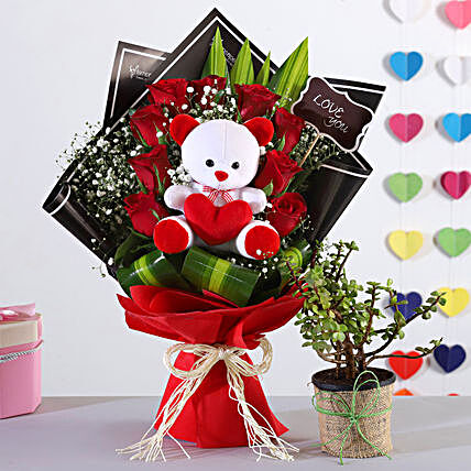 Red Roses Bouquet With Jade Plant Teddy:Plant Combo For Valentines Day
