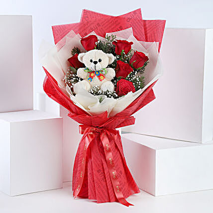 Bunch Of 6 Red Roses Teddy Bear Combo