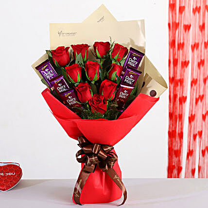 Bunch Of 10 Red Roses With Dairy Milk Chocolates:Chocolate Combo For Valentine's Day