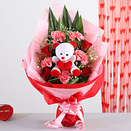 Mixed Flowers Bouquet With Teddy Bear