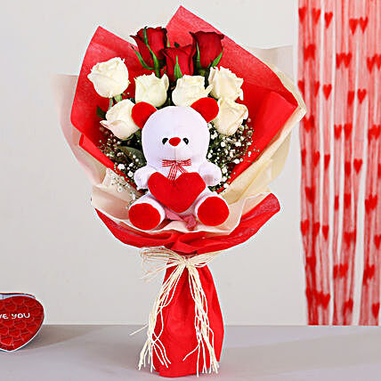 Red n White Roses Bouquet With Teddy Bear