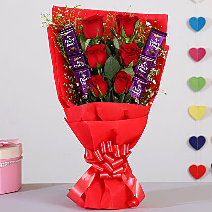 Red Roses Bouquet With Dairy Milk Chocolates:Chocolate Combo For Valentine's Day