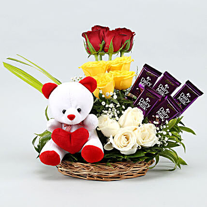 flowers n teddy arrangement combo online:Flowers & Teddy Bears