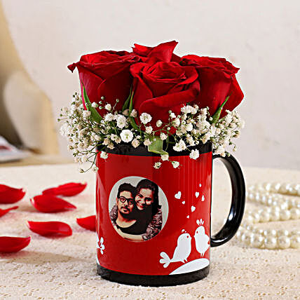 Red Roses In Personalised Love Birds Mug:Send Flowers to Thiruvarur