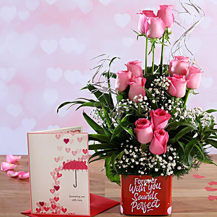 Pink Roses In Sticker Vase and Love Umbrella Card:Send Flowers And Card
