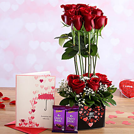Pretty Roses In Sticker Vase and Love Card with Cadbury Dairy Milk