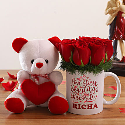 Red Roses Arrangement In Personalised Mug and Cute Teddy